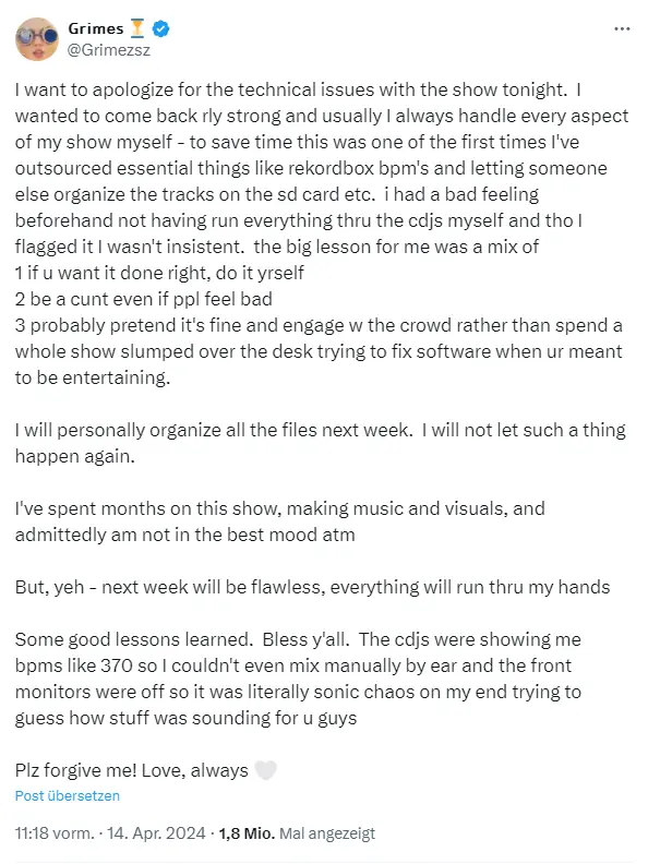 Grimes вибачається за провальне шоу на Coachella 2024 і пояснює причину провалу