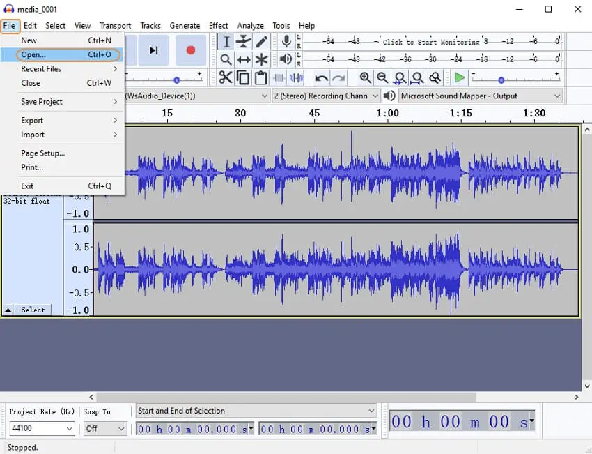 Audacity, Воспроизвести, Остановить, Перейти, панель, клавиша